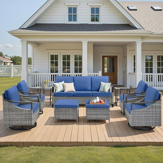 Wicker Outdoor Patio Furniture Set - 9 Pieces Patio Conversation Sets with Wicker Swivel Rocker Chairs, Deep Seat Sectional Sofa with Thick Cushions Ottomans for Porch Balcony Deck Gray/Blue