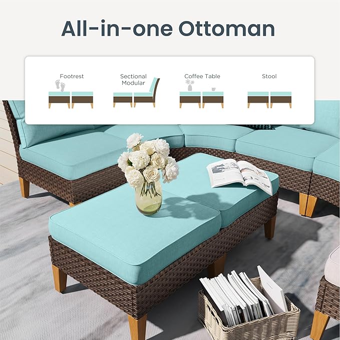 PHI VILLA 8-Piece Curved Patio Furniture Set with Fire Pit Table, Outdoor Wicker Half-Moon Sectional Sofa with Cushions, 56” Gas Fire Pit Table and Ottomans, Aqua Blue