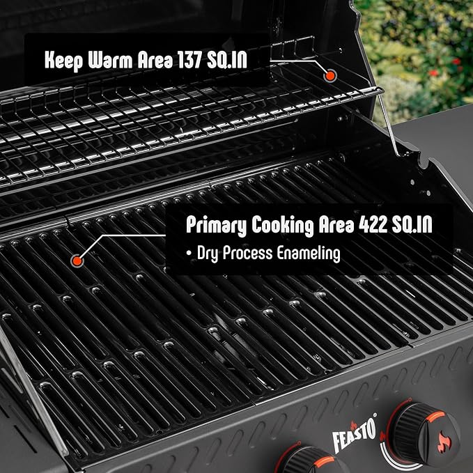 4 Burner Gas Grill, 36,000 BTU Outdoor BBQ Grill with Side Table for Outdoor Cooking & Backyard Barbecue, Premium Enameled Coated Chamber Body with Porcelain-Enameled Grates, Black