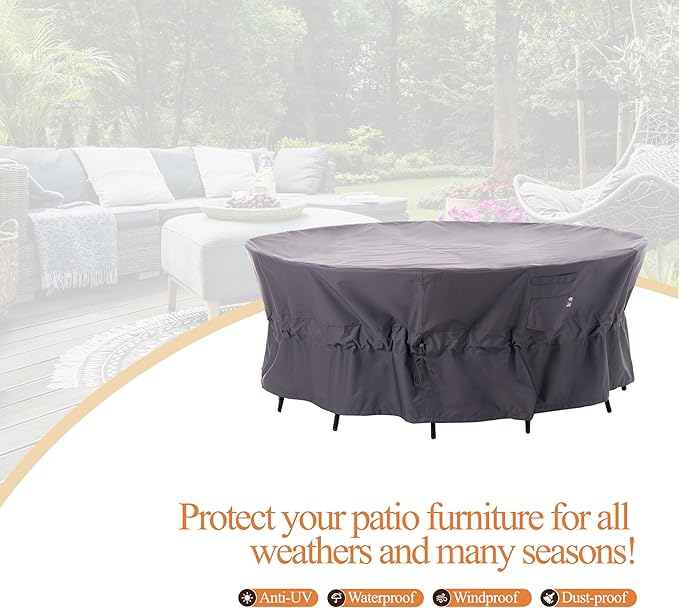 WJ-X3 Ripstop Round Patio Furniture Cover, 72" D x 31" H, Waterproof, UV Resistant, Anti-Fading,Good for Outdoor Round Dining Table and Chairs Set, Grey