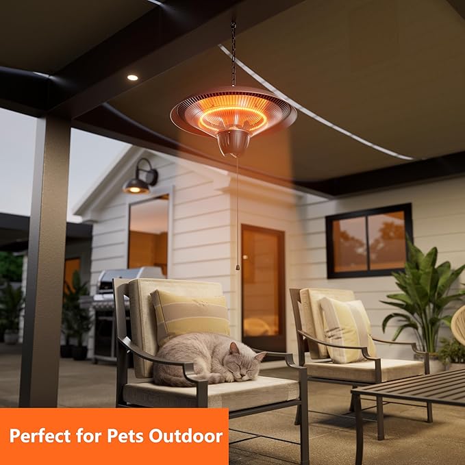 Patio Heater for Outdoor Use 1500W Electric Infrared Hanging Heater, Ceiling Mounted, Waterproof for Porch, Garage, Balcony, Overheat Protection Brown
