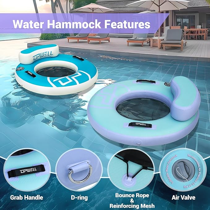 UPWELL Round Inflatable Pool Float Hammock with Backrest - Heavy Duty Mesh Mat for Adults, Tanning, Lakes and Rivers