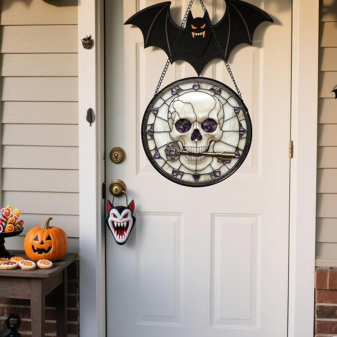 CRISGIF Stained Glass Window Hanging - Halloween Scary Skull Suncatcher for Doors Garden Home Spooky Purple Skeleton Key Sun Catchers Gothic Decor Horror Gifts for Women Men Friend Boy Girl 11.8 in