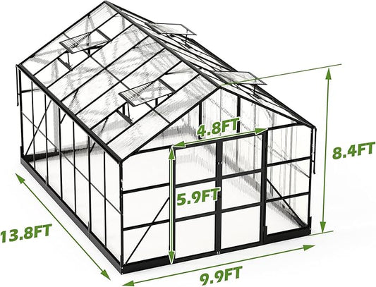 AMERLIFE 10'×14'×8.4' Outdoor Polycarbonate Greenhouse, Heavy-Duty Aluminum Frame Garden Greenhouse with 4 Roof Vents, Rain Gutters & Lockable Door, Fit for Backyard Garden, Black