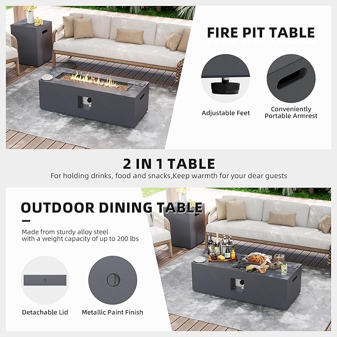 UPHA 42-inch Outdoor Propane Gas Fire Pit Table 50000 BTU Iron Rectangle Firepit for Outside Patio with Tank Hidden Table, Removable Lid, Gold Glass Rocks, Rain Cover, Grey