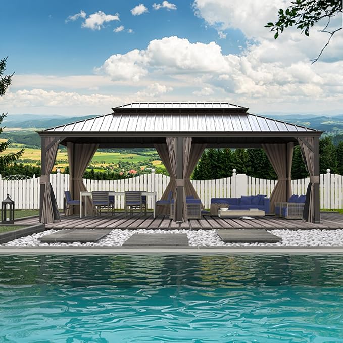 Domi 14'x22' Hardtop Gazebo Canopy,Outdoor Aluminum Gazebo with Galvanized Steel Double Roof,Large Permanent Gazebos Pavilion for Patio Deck Backyard,Curtain and Netting, Dark Brown