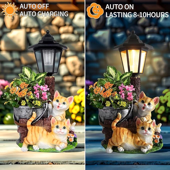 YEPOTUE Solar Cat Outdoor Statues, Garden Sculptures with Flowerpot Decor & Solar Lantern for Yard Art Lawn Ornaments Porch Patio Balcony - Idea Gifts for Women Mom Grandma