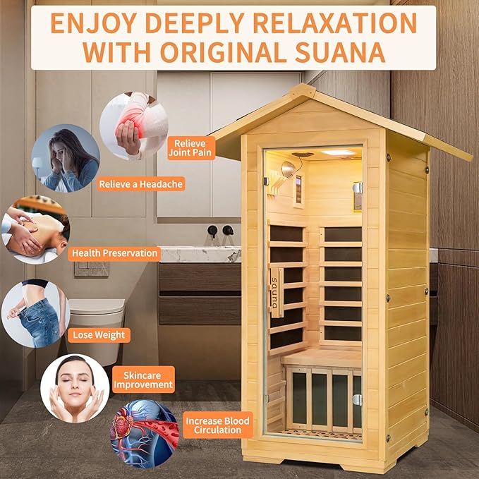 Outdoor Far Infrared Home Sauna, 1 Person Hemlock Wood Sauna Box, 1400W 5 Carbon Crystal Heating Panels Indoor Sauna Room, Personal Sauna Hot Yoga Essentials Gym Accessories Workout Equipment