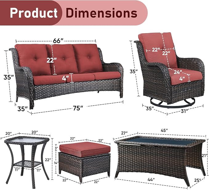 Wicker Patio Furniture-7 Pieces Rattan Patio Furniture Set Outdoor Patio Couch with Swivel Patio Chairs Ottomans and Coffee Table for Deck Poolside Backyard-Brown/Red