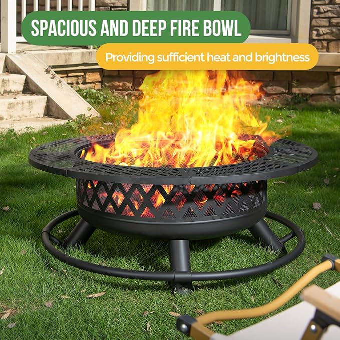 36 Inch Fire Pit with Grill,Wood Burning Fire Pits for Outside with Lid& Fire Poker,Round Metal Firepit Table 3 in 1 with Cooking Grate,Outdoor Firepits for Yard Patio Bonfire Camping(Black)