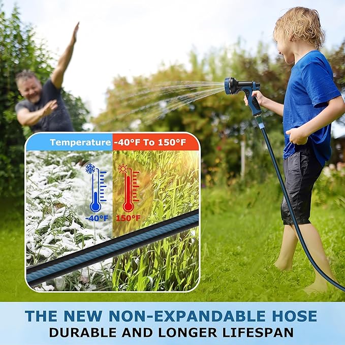 Heavy Duty Non-Expanding Garden Hose 50ft - Durable Reinforced Water Hose with Leak-Proof Construction ， Kink-Resistant, TPV material, 10-Function Spray Nozzle, 3/4" Connector & Portable Strap（50FT)