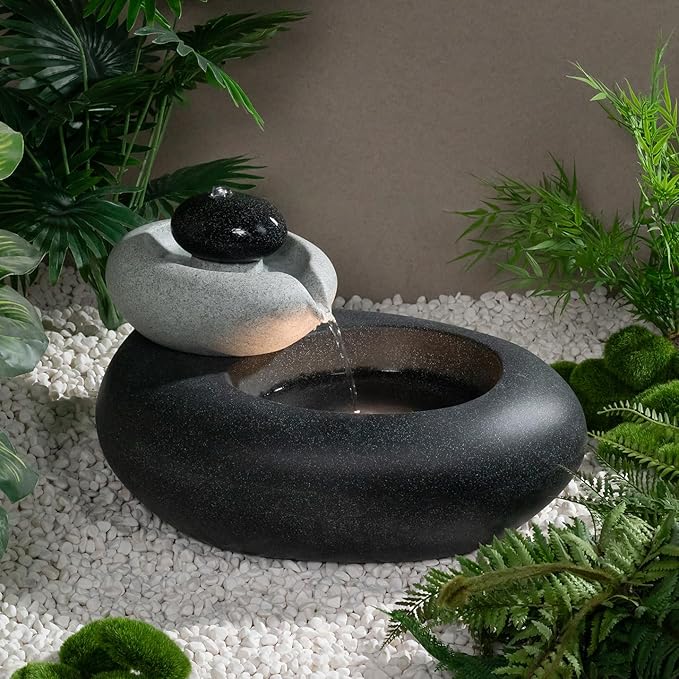 Puulye 13.39" H Outdoor Water Fountain Made with Eco-Friendly Recyclable Materials, Polyethylene Rock Waterfall Outdoor Fountain, Garden Decor with LED Light & Pump for Patio, Backyard (13.39")