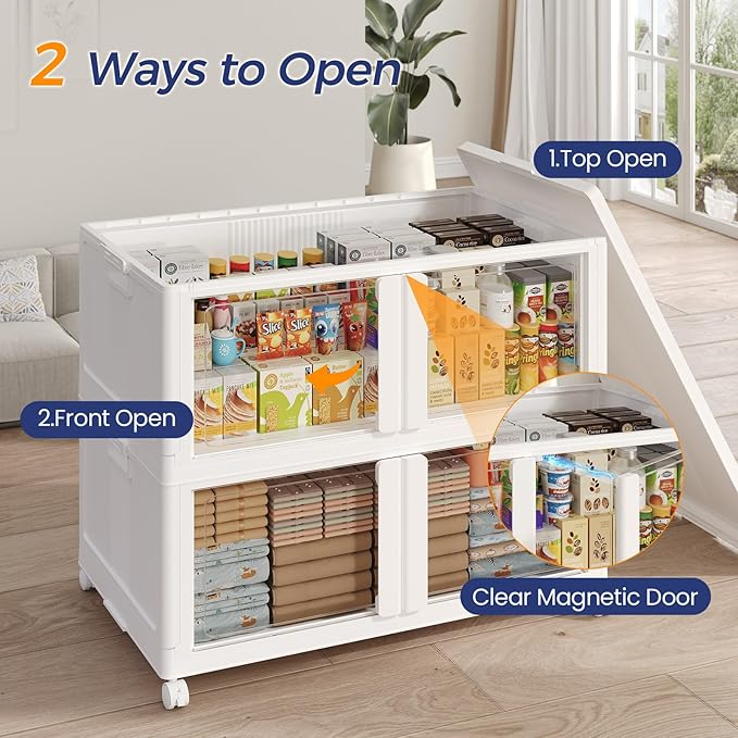 360Qt Stackable Storage Bins with Lid and Wheels, 90Gal Plastic Closet Organizer and Storage Drawer, Large Collapsible Storages Box Cabinet with Clear Door for Home Kitchen Office, 3Pack White