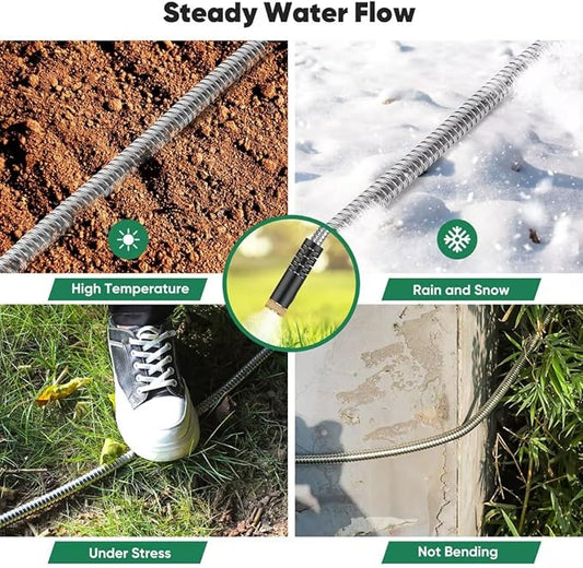 Garden Hose 50ft, Heavy Duty Stainless Steel Water Hose with 10 Functional Nozzles, No Kink, Lightweight and Flexible, Easy to Use and Store, Strong and Sturdy, Suitable for Yard and Lawn
