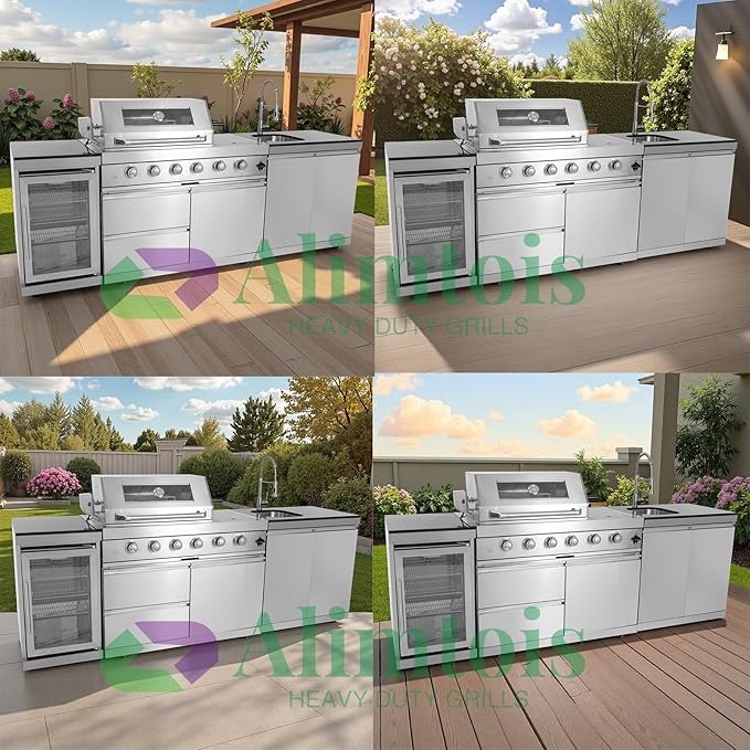 Outdoor Grill Islands 98.4" 4-Burner: 72000 BTU Outdoor bbq Island with Refrigerator Rotisserie kit Stainless steel Sink and Storage | Easy Setup
