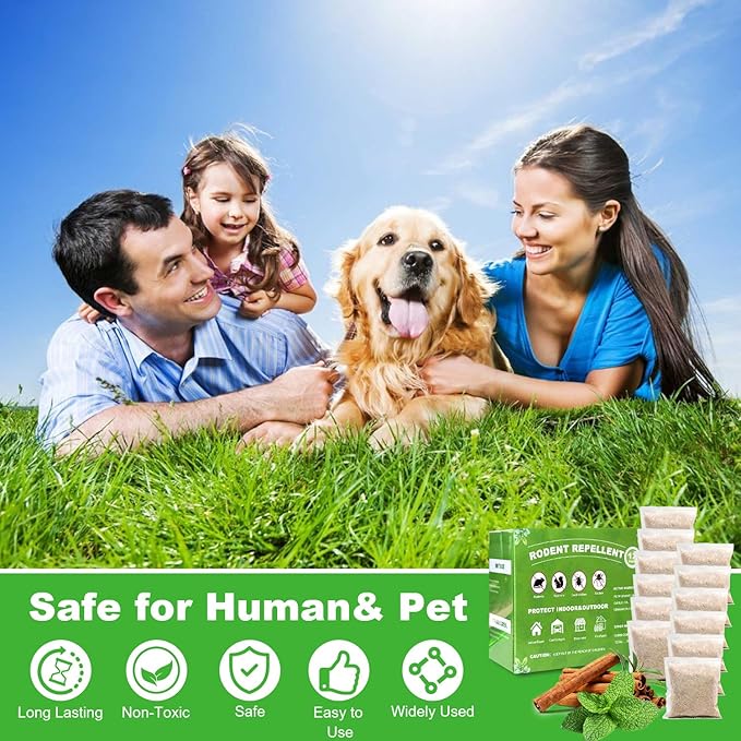 Peppermint Oil Mouse Repellent Pouches - 12 Pack Natural Rodent Repellent for House, Garage, Attic, Motorhome, Garden, Car - Indoor & Outdoor
