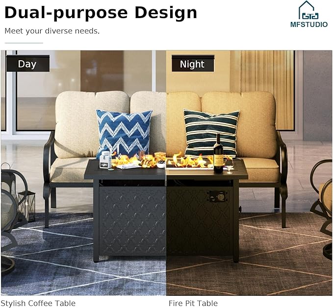 MFSTUDIO 4 Pieces Patio Conversation Sets, All Weather Metal Frame Outdoor Furniture Set Patio Sofas with 1 x 45 Rectangular Propane Fire Table, 1 x 3-Seat Sofa, 2 x Rocking Chairs, Beige Cushion