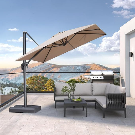 PURPLE LEAF 8 FT Cantilever Patio Umbrella Outdoor Aluminum Offset Square Umbrella with 3 Years Fade Resistance Recycled Fabric and 360-degree Rotation for Deck Pool Garden, Sand Dune