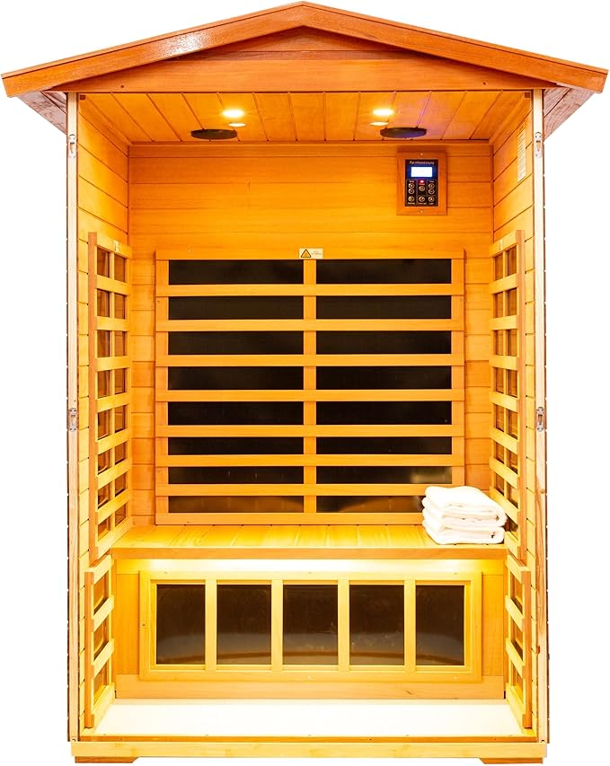 LTCCDSS Ultra-Low EMF Outdoor Sauna 2 Person, Mahogany Far Infrared Sauna for Home EMF Average 0.5 mG, Withstand Outdoor Temp -10℉-149℉ Chromotherapy, Bluetooth Speaker