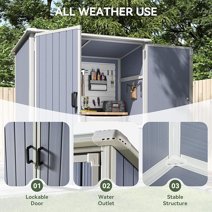 Aoxun 5 x 3 FT Outdoor Storage Shed, Resin Shed with Floor & Lockable Doors, Small Garden Shed Waterproof Plastic Tool Shed with Sloped Roof for Backyard, Garden, Patio, Lawn, Grey