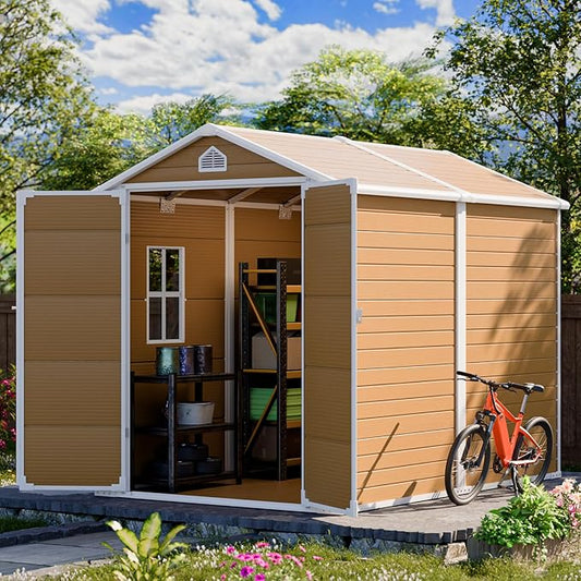 HUSFU 8x6 FT Outdoor Storage Shed with Floor and Lockable Door,Waterproof Resin Tool Shed for Garden, Backyard, Patio,Perfect to Store Patio Furniture,Yellow