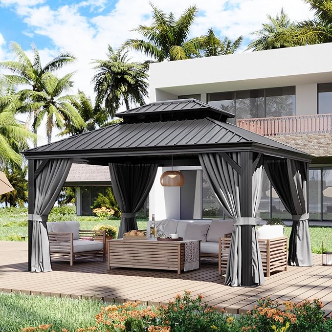 Aoxun 12' X 14' Hardtop Gazebo with Drainage System, Aluminum Outdoor Gazebo with Galvanized Steel Double Roof, Patio Permanent Metal Pavilion with Curtain and Netting, for Backyard, Deck, Grey
