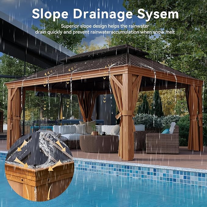 Aoxun Hardtop Gazebo, 12 x 16ft Wooden Finish Coated Aluminum Frame Canopy, Galvanized Steel Double Top, Outdoor Permanent Metal Pavilion with Curtains and Netting, for Backyard, Patio and Deck