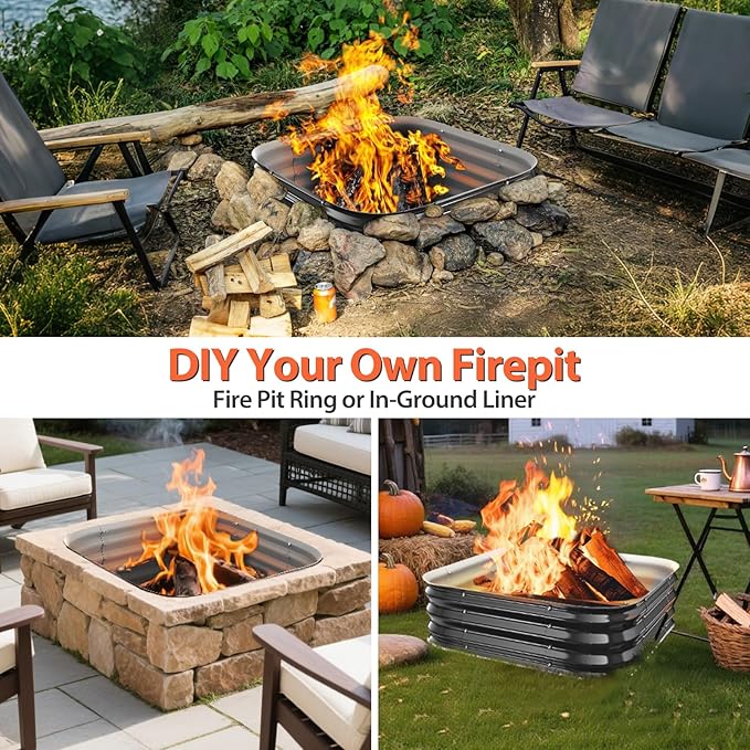 Fire Pit Ring,48in Large Heavy Duty Square Firepit for Outside,11'' Tall Galvanized Steel Bonfire Pits,Wood Burning Outdoor Fireplaces,Portable for Backyard,Camping,Patio,Beach