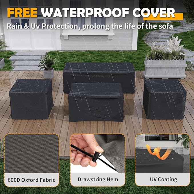 Amopatio Aluminum Patio Furniture with Fire Pit, 6 Pcs Metal Patio Sofa Sets with Aluminum Fire Pit Table, Modern Outdoor Furniture with 6" Cushion, Dark Grey (Included Waterproof Covers)