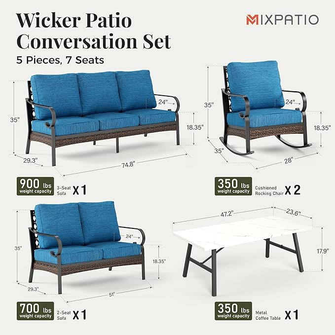 Patio Furniture Set with Coffee Table, Outdoor Conversation Set with 2 x Rocking Chairs, 1 x 2-Seat Sofa, 1 x 3-Seat Sofa for Lawn Garden Backyard, Pacific Blue