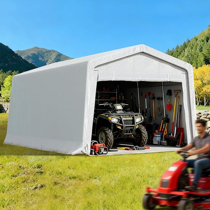 StarEcho 10x20FT Heavy Duty Outdoor Storage Shelter Carport, Portable Garage for Garden Tool, Car, Lawn Mower & Bike, with Galvanized Steel Frame, Dual Doors, Thickened PE Tarp (White)