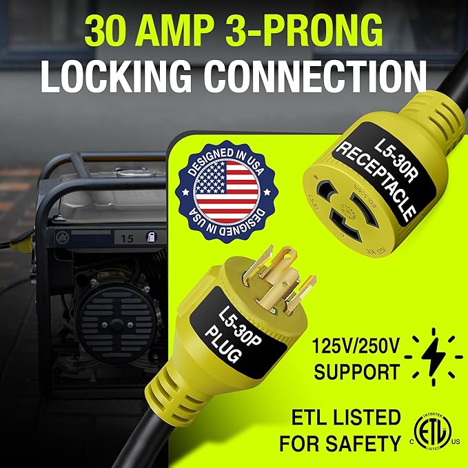 25ft Generator Extension Cord 30 AMP 3-Prong (L5-30P/L5-30R) - 10AWG3 125/250V STW - Hook and Loop Strap ETL Listed by LifeSupplyUSA