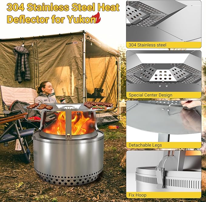 Upgraded Heat Deflector for Solo Stove Yukon 27’’, 304 Stainless Steel Heat Diffuser with Detachable Legs & Fix Hoop, Capture and Redirect Warmth, Camping Accessory