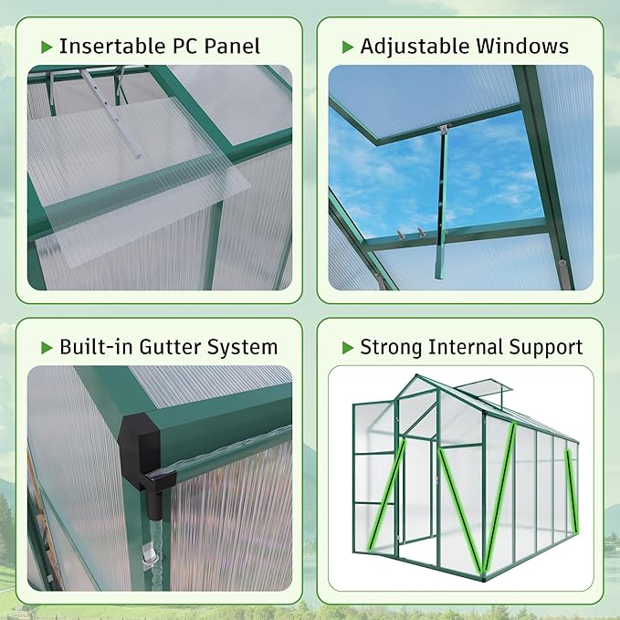 Greenhouse for Outdoors 6.1x4.1x7.2 FT, Polycarbonate Greenhouses with Roof Vent, Lockable Door and Ground Nails, Heavy-Duty Aluminum Walk-in Green House, Large Sunroom for Garden, Green