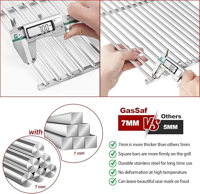 GasSaf 19.5" Grill Grates for Weber Genesis 300, Weber Genesis Grill Grates 7524 7528, 7MM SUS304 Replacement Parts for E310 E320 E330 S310 S320 S330(2007-2016), Pit Boss PB700 Series Cooking Grids