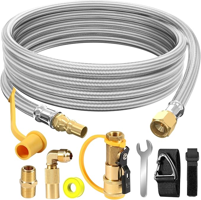12FT Propane Quick Connect Hose for RV to Gas Grill, RV Quick Connect Propane Hose to RV 1/4" Female Quick Disconnect, Quick Disconnect Propane Hose with Elbow Adapter for Blackstone 17"/22" Griddle