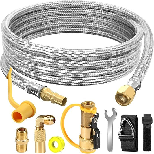 12FT Propane Quick Connect Hose for RV to Gas Grill, RV Quick Connect Propane Hose to RV 1/4" Female Quick Disconnect, Quick Disconnect Propane Hose with Elbow Adapter for Blackstone 17"/22" Griddle