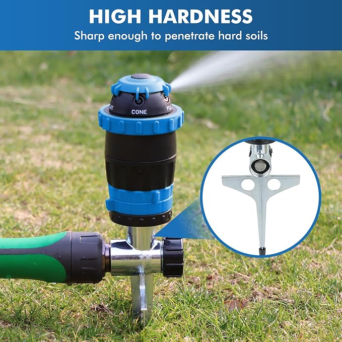 [2 Pack] RESTMO Gear Drive Sprinkler with Metal Spike Base, 5-Pattern Heavy Duty Gardening Watering System, Multi-Adjustable Lawn Sprinkle for Garden Plant, Flower Bed and Large Yard Area, Blue