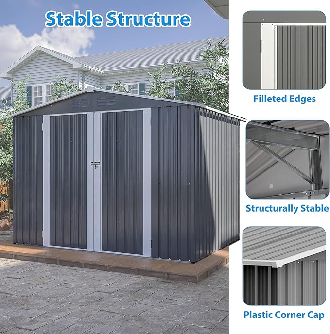 8 x 6 FT Outdoor Storage Shed with Floor Frame,Utility Metal Tool Storage with Lockable Doors,Air Vents & Waterproof Roof, Large Garden Shed for Backyard, Patio Lawn,Gray