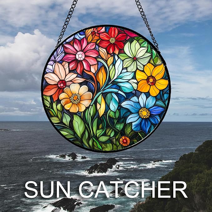 QZQCBLC Stained Glass Window Hanging Colorful Flowers and Green Plants 7.8" - Suncatcher Door Garden Sun Catcher Home Decor Birthday Christmas for Mom Men Woman Nana Friend