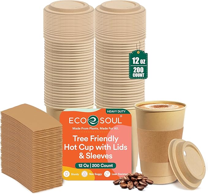 ECO SOUL 100% Compostable Coffee Cups With Lids & Sleeves - To Go Coffee Disposable Bagasse Cups |Sturdy & Eco-Friendly Cups for Cafes, Party, Office (200, 12 Oz)