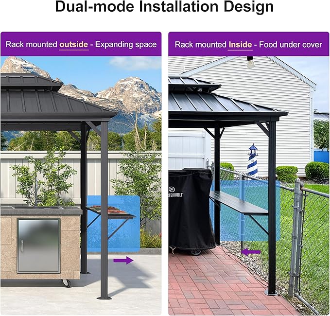 PURPLE LEAF 6' X 9' Hardtop Grill Gazebo for Barbecue Patio Permanent Metal Double Roof with Ceiling Hook and Shelves Outdoor Aluminum Sun Shade BBQ Gazebo