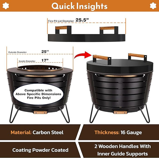 25.5” firepit lid round for inside up to 25” gas fire pit lid for Outdoor Fireplace Cover Lid Steel fire pit metal cover W/ 2 Wooden Handles & Heat Resistant Snuffer Lid for Round Patio Fire Pit Ring