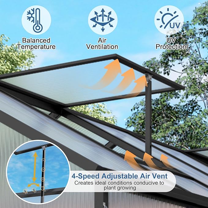 KEIKI 6x12 FT Polycarbonate Greenhouse for Outdoors, Durable Aluminum Walk-in Greenhouse with Gutter Drainage & Tall Growing Space for Plants, Black