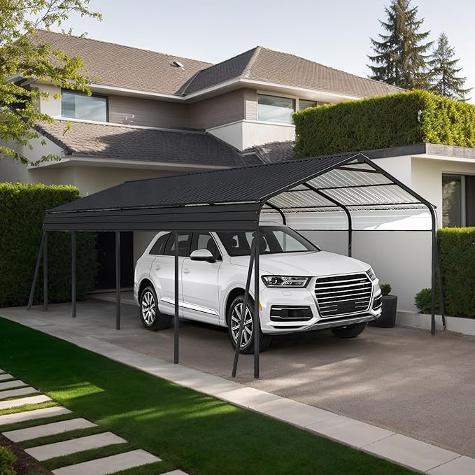 Ball & Cast 12x20 FT Carport,Heavy Duty Carport Canopy with Galvanized Steel Roof,Metal Carport with Enhanced Base,Oversized Garage Shed Outdoor Shelter for Car, Boats and Tractors,Dark Gray