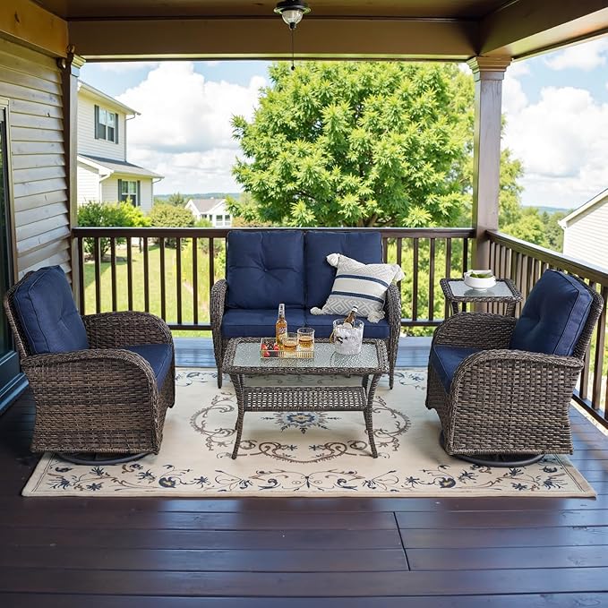 Belord 5 Piece Wicker Patio Furniture Set - Outdoor Conversation Sets with Deep Seating Swivel Rocker Chairs Loveseat and Rattan Coffee Table for Deck Backyard Poolside, Brown Wicker/Blue Cushion