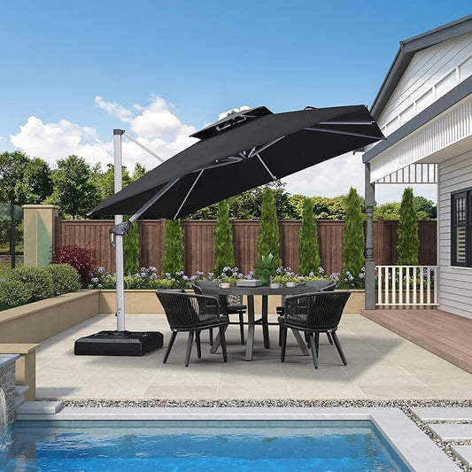 PURPLE LEAF 10 FT Patio Offset Umbrella Outdoor Cantilever Umbrella Hanging Umbrellas, 36 Month Fade Resistance & Water-repellent UV Protection Fabric Canopy with Crank & Water Tank Base (Black)