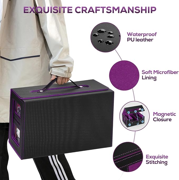 Trading Card Storage Box for MTG, MTG commander deck box，Multi-purpose Deck Case for MTG TCG Sports Card, 4 Toploaders, 4 Stoppers, 4 Colorful Dividers (Black & Purple)