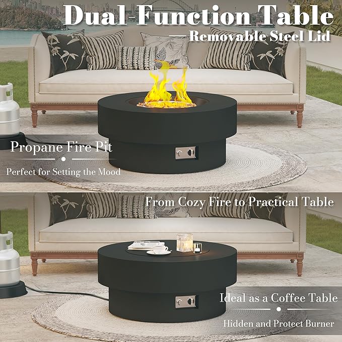 32.5 Inch Propane Fire Pit Table, 50,000 BTU Round Patio Fire Pit Table Outdoor, CSA Certified, Stainless Burner with Steel Lid, Waterproof Cover & Lava Rocks, for Backyard Garden, Black