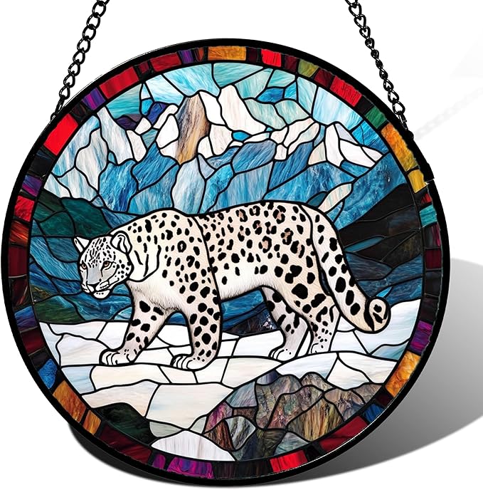 HKDGOKA Stained Glass Window Hanging Blue White Snow Mountain Leopard 6.3" - Suncatcher Door Garden Sunroom Sun Catcher Home Decor Birthday Christmas for Mom Men Woman Nana